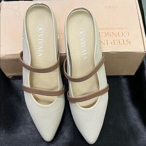 VIVAIA Cream Mules with Brown Straps